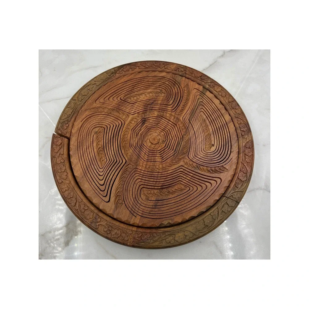 Hand Carved Collapsible Wooden Fruit Basket Spiral Design 5 Compartment Trivet